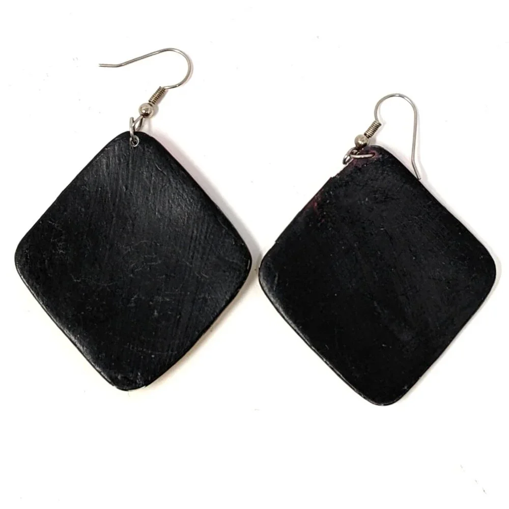 Artisan Painted Wood Dangle Earrings 80s Ethnic Tribal Mask 2" Vintage Festival - Picture 6 of 9